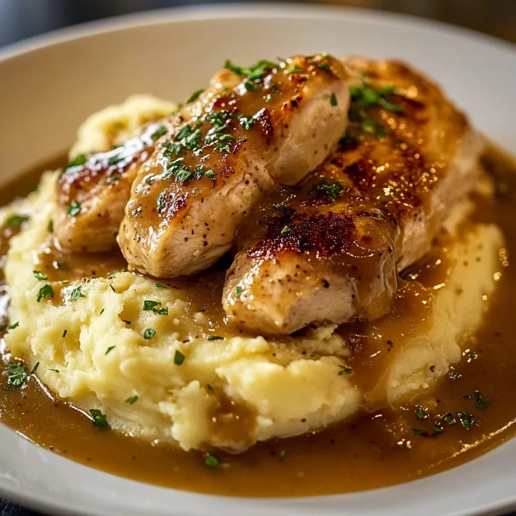 Chicken and Garlic Gravy with Cheesy Mashed Potatoes